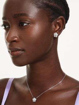 SWAROVSKI - Women White Crystal Pearl Round Cut Flower Rhodium Plated Necklace Set