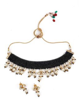 Odette - Women Royal Black Beautiful Onyx-Pearl-Kundan Choker Set