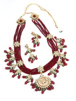 Odette - Women Maroon-Green Multistring Onyx-Mani-Kundan Necklace Set