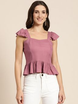 Marie Claire - Mauve Solid Sweetheart Neck Smocked Crepe Peplum Top