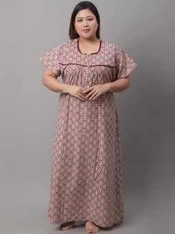 Secret Wish - Women's Maroon and White Batik Print Plus Size Nighty