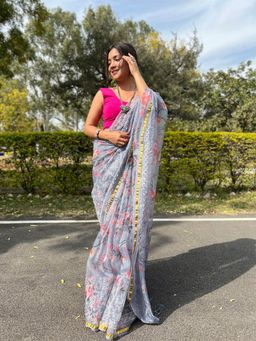 Odette - Grey Organza Embroidered Saree with Unstitched Blouse