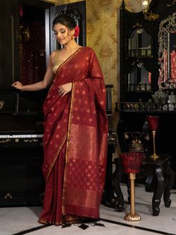 Arhi - Maroon Pure Cotton Handwoven Soft Saree with Unstitched Blouse