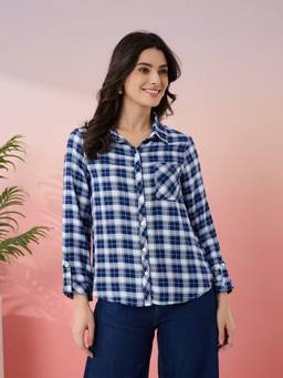 Latin Quarters - Women's Blue Check Collar Neck Full Sleeves Casual Shirt