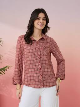 Latin Quarters - Women's Rust Check Collar Neck Full Sleeves Casual Shirt