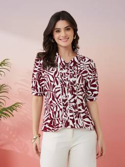 Latin Quarters - Women's Maroon Printed Collar Neck Half Sleeves Casual Shirt