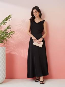 Latin Quarters - Women's Black Solid Cowl Neck Sleeveless Party Dress