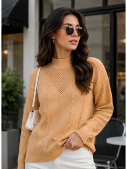 LASOON - Women’s Peach Cable Knit High Neck Full Sleeve Sweater