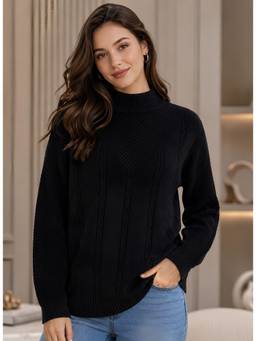 LASOON - Women’s Black Cable Knit High Neck Full Sleeve Sweater