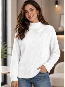 LASOON - Women’s White Cable Knit High Neck Full Sleeve Sweater