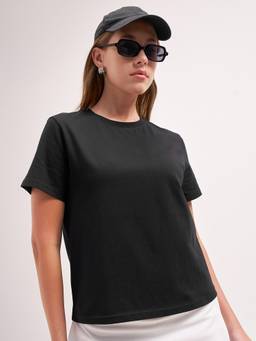 TOKYO TALKIES - Women Black Solid Round Neckline Half Sleeve Tshirt