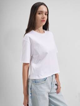 TOKYO TALKIES - Women Regular Fit White Solid Round Neckline Half Sleeve Tshirt