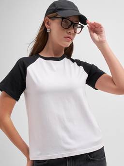 TOKYO TALKIES - Women White Solid Round Neckline Half Sleeve Tshirt