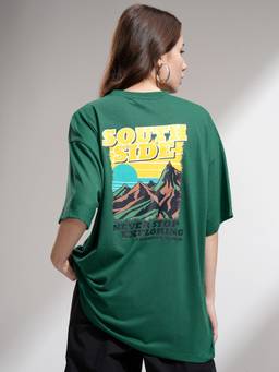 TOKYO TALKIES - Women Green Oversized Chest Printed Tshirt