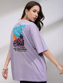 TOKYO TALKIES - Women Lavender Oversized Chest Printed Tshirt