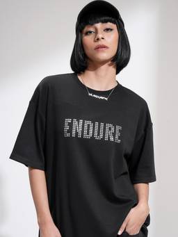 TOKYO TALKIES - Women Black Solid Oversized Front Embelished T-Shirt