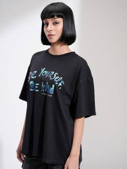 TOKYO TALKIES - Women Black Half Sleeved Oversized T-Shirt