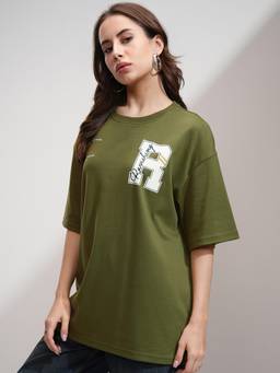 TOKYO TALKIES - Women Olive Dropshouler Oversized Tshirt
