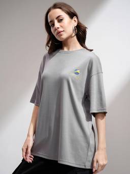 TOKYO TALKIES - Women Grey Printed Half Sleeved Oversized T-Shirt