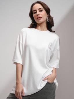 TOKYO TALKIES - Women White Printed Dropshoulder Oversized Tshirt