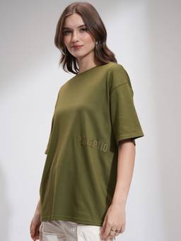 TOKYO TALKIES - Women Olive Solid Embossed Oversized T-Shirt