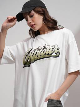 TOKYO TALKIES - Women White Dropshoulder Oversized Tshirt
