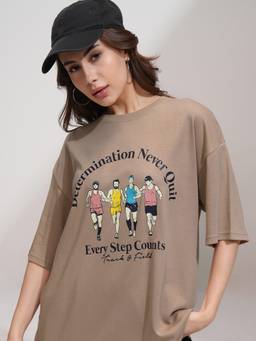 TOKYO TALKIES - Women Beige Printed Drop Shoulder Dropshoulder Oversized Tshirt