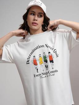 TOKYO TALKIES - Women White Printed Drop Shoulder Dropshoulder Oversized Tshirt