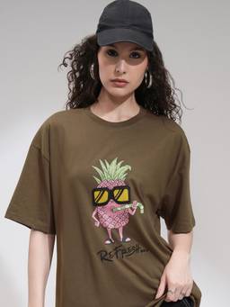TOKYO TALKIES - Women Brown Solid Oversize Fit Chest and Back Print T-Shirt