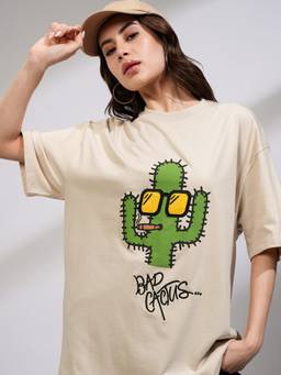 TOKYO TALKIES - Women Beige Solid Oversized Fit Chest Print Tshirt