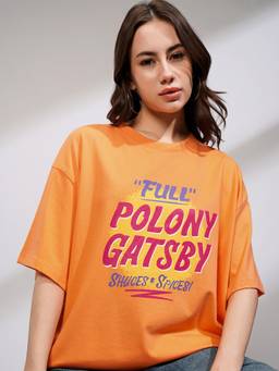 TOKYO TALKIES - Women Orange Oversized Chest Print Tshirt