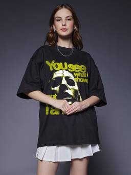 PRONK - Identity Women's Black Terry Printed Oversized T-Shirt