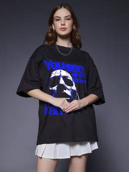 PRONK - Identity Women Black Terry Printed Oversized T-Shirt