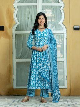 Kohsh - Cotton Printed Blue & White Kurta with Dupatta (Set of 3)