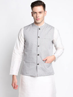 Devoiler - Men Grey Checked Woven Pure Cotton Nehru Jacket