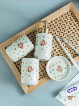 The Better Home - Floral White Bathroom Soap Dish, Soap Dispenser & Tumbler (Pack of 8)