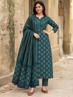 Gahan - Womens Printed Cotton Blend Straight Kurta with Pant & Dupatta