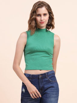CAMLA - Barcelona Mock Neck Emerald Green Ribbed Top