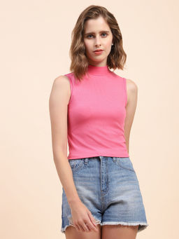 CAMLA - Barcelona Mock Neck Pink Ribbed Top
