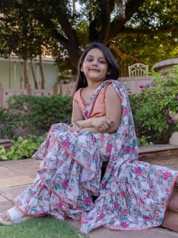 Cutiediva - Girls Ready to Wear Floral Saree with Schiffli Stitched Blouse