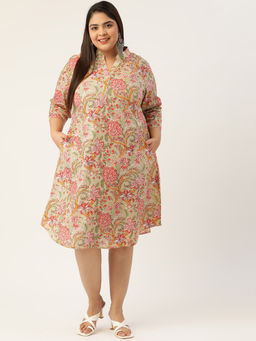 theRebelinme - Plus Size Womens Green & Maroon Printed Cotton A-line Dress