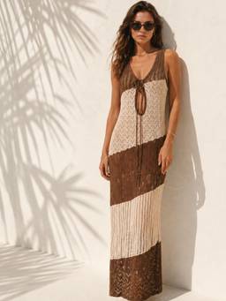 Addery - Brown and Ivory Colorblock Crochet Knit Beach Cover-Up Dress