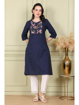 W - Navy Blue Textured Straight Kurta with Thread Embroidered Yoke