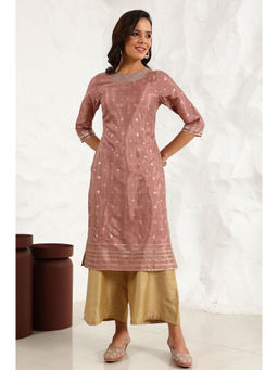 W - Brown Glitter Floral Printed Shantung Straight Kurta with Embroidered Neck