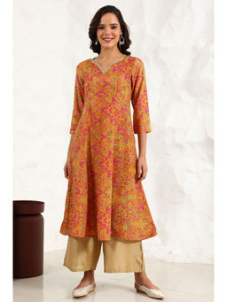 W - Multi-Color Floral Printed Anarkali Festive Shantung Kurta