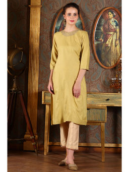 W - Green Glitter Dot Printed Straight Shantung Kurta with Embroidered Neck