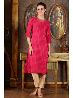 W - Magenta Pink Glitter Geometric Straight Shantung Kurta with Embroidered Neck