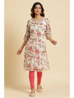 W - Ecru Kota Kurta with Multi-Coloured Floral Print
