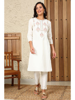W - Festive Straight Kurta with Multi-Coloured Embroidery On Yoke