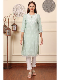 W - Mint Green Floral Printed Chikankari Straight Kurta